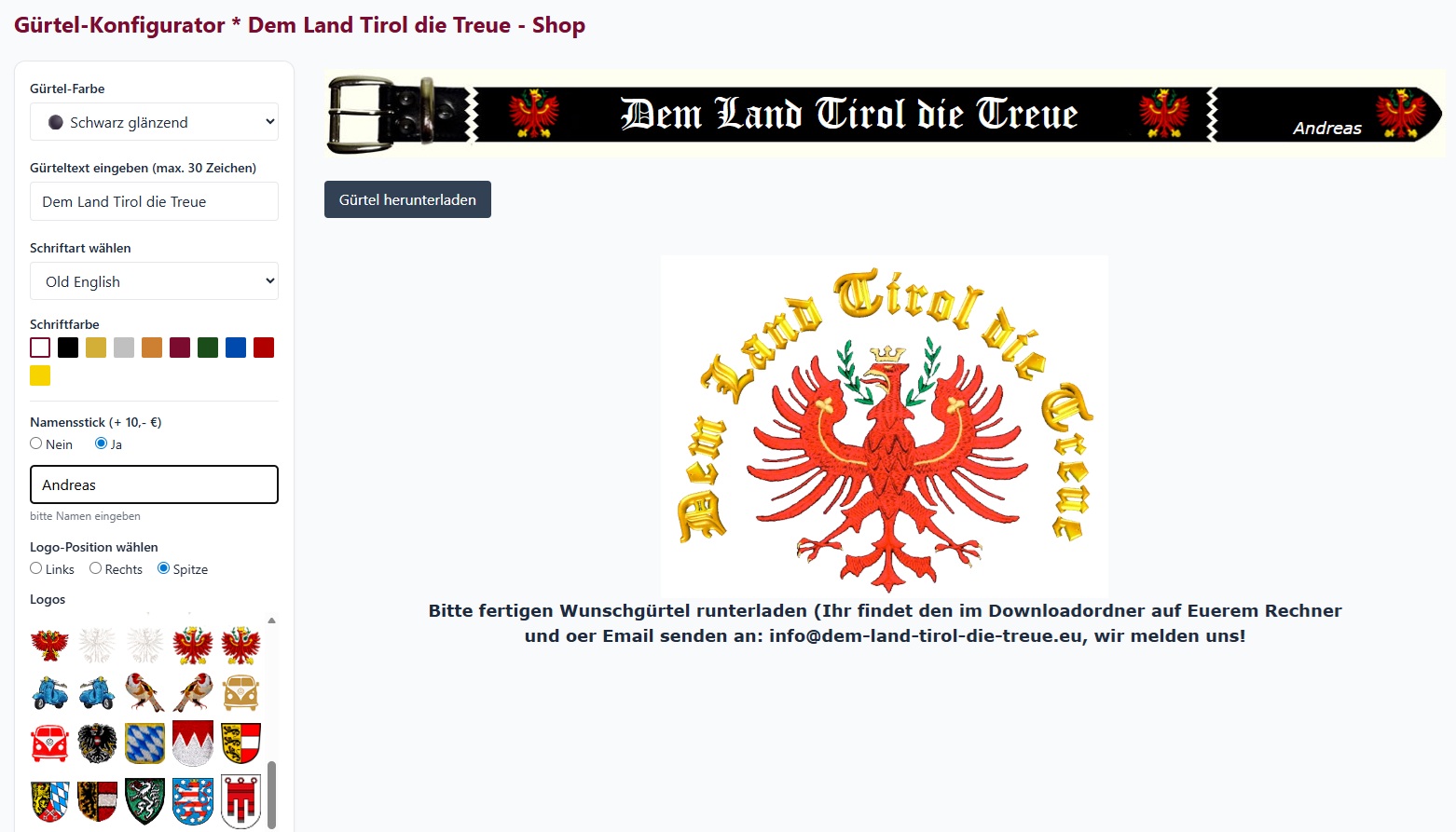 Gürtelkonfigurator bei Dem Land Tirol die Treue - Shop