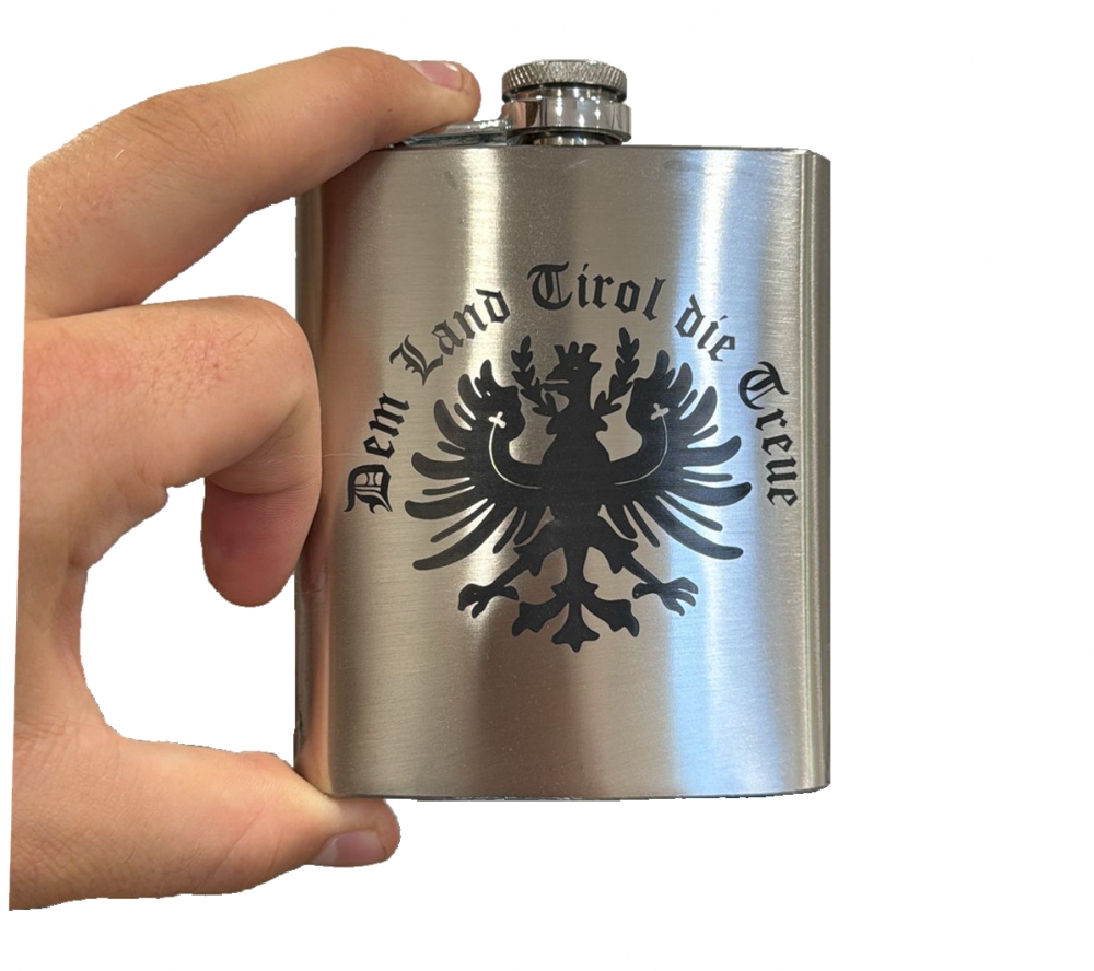 Bild 1 von Flachmann 0,2 l<br>Dem Land Tirol die Treue<br>mit/ohne 2 Schnapsglasl