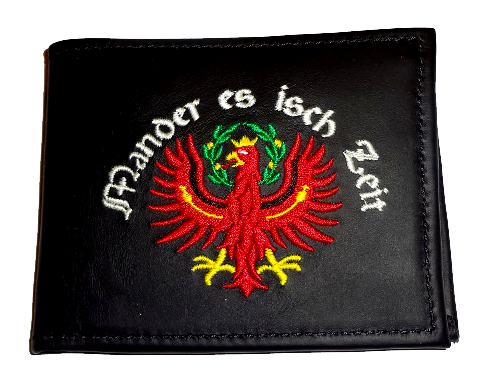 Bild 1 von Ledergeldbörse<br>Mander es isch Zeit  / (Farbe) dunkelblau / (Namensstick) ja (+ 10,- &euro;) / (Zusätzl. Innenteil (+ 30,- &euro;)) ja (+ 30,- &euro;)